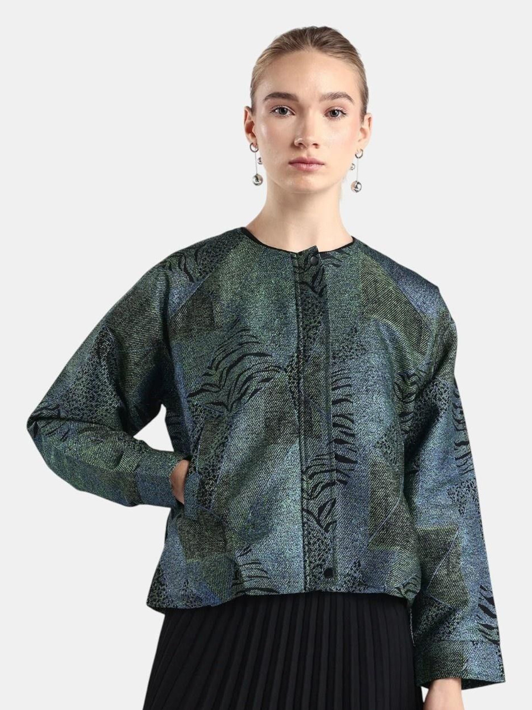 Rareism Women Nizig Blue Relaxed Fit Jacquard Jacket