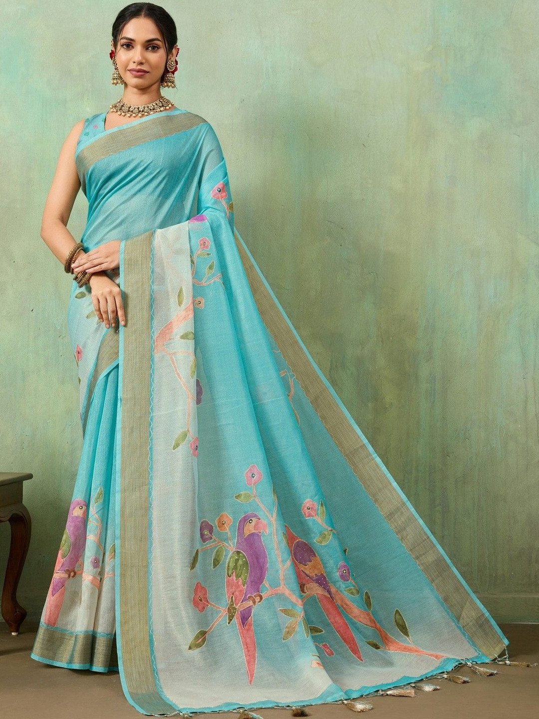 Mitera Floral Printed Aari Work Saree With Blouse Piece