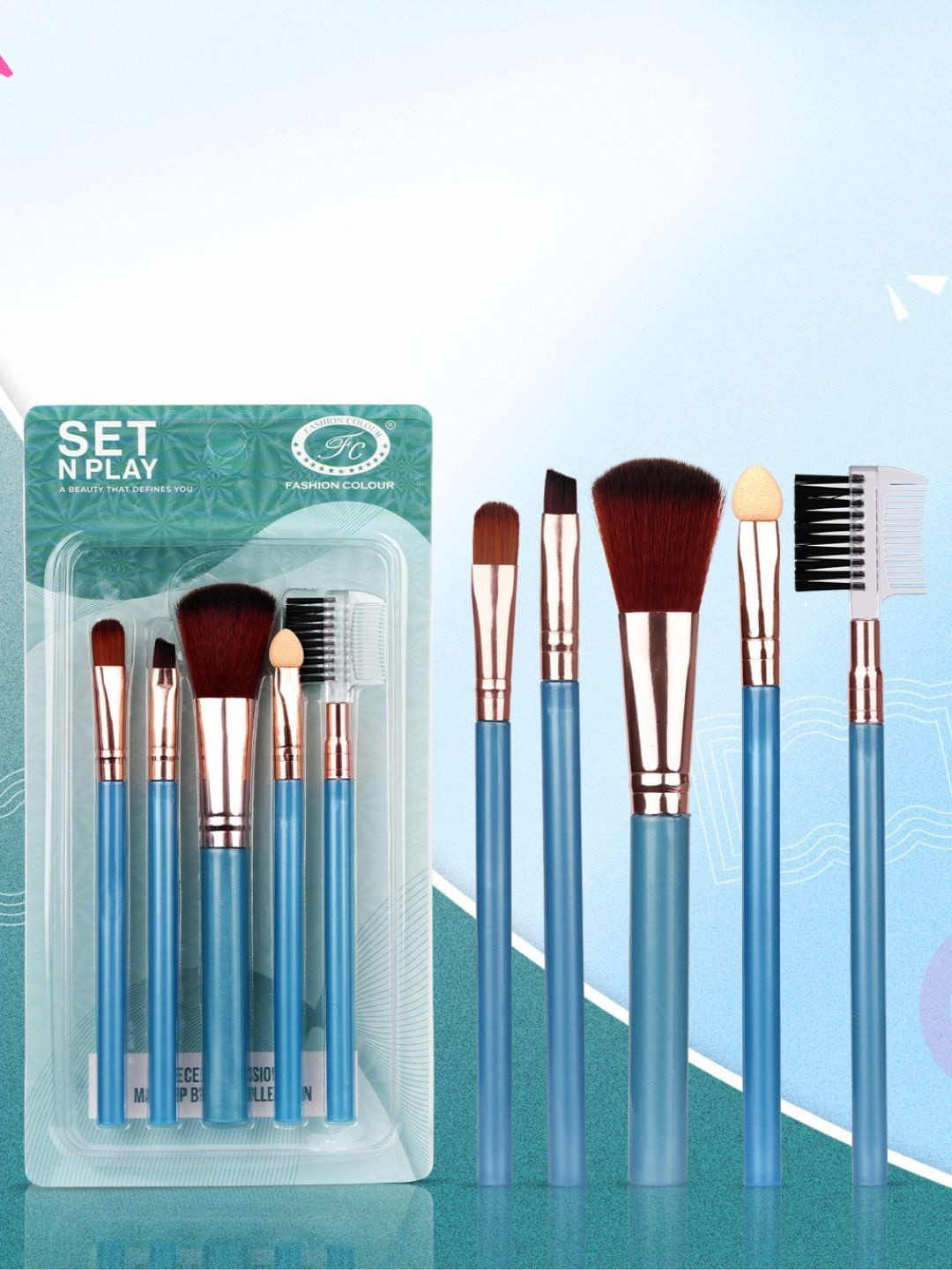 Fashion Colour Set of 5 Set N Play Face & Eye Makeup Brush Set- Teal