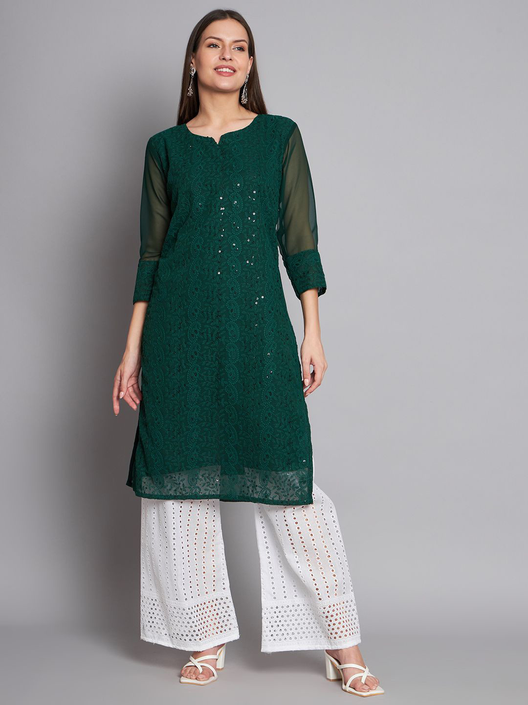Felopie Floral Embroidered Sequinned Chikankari Georgette Straight Kurta