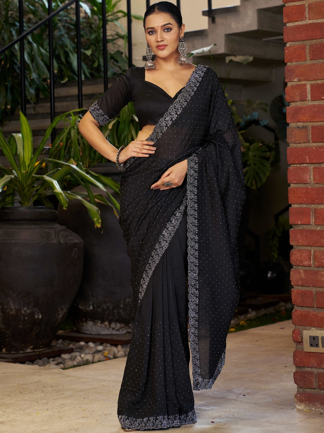 GHAN SALS Embellished Beads and Stones Party Wear Saree with Blouse Piece