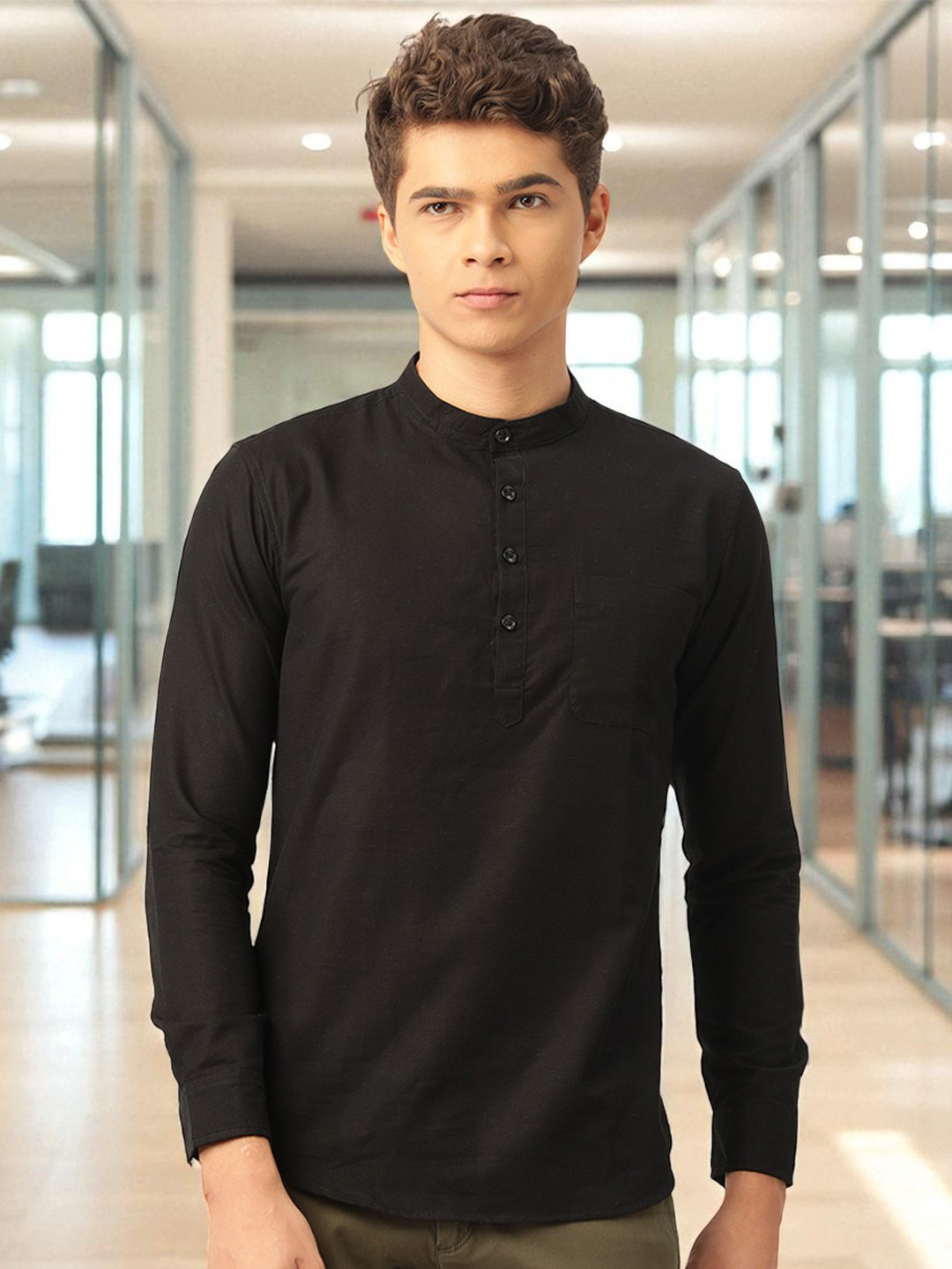 WHITE HEART Mandarin Collar Cotton Straight Kurta