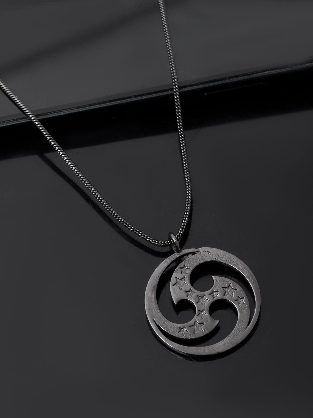 Voylla Men Rhodium-Plated Eclipse Cosmic Swirl Star Circular Pendant With Chain
