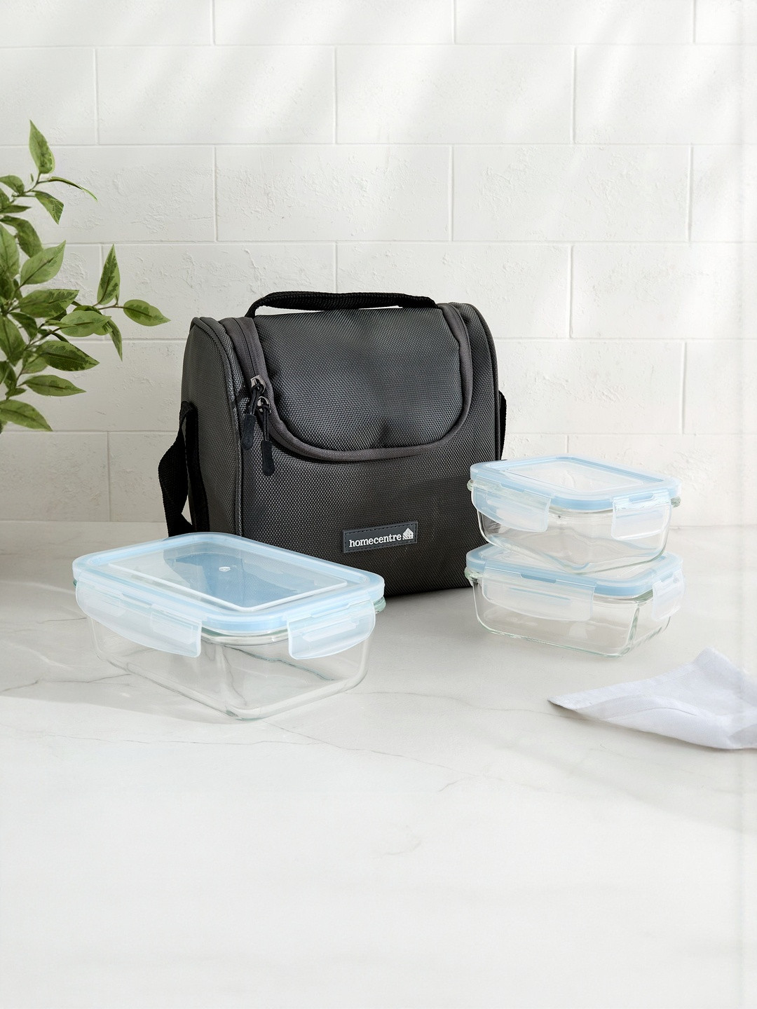 Home Centre Korobka Brooklyn Blue & Transparent Borosilicate Glass Lunch Box with Bag