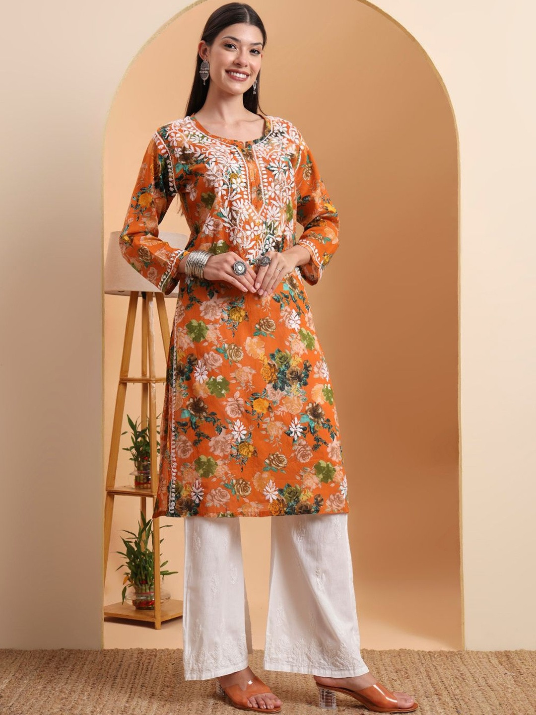ELENORA Women Floral Printed Hand Embroidered Mulmul Cotton Lucknowi Chikankari Kurta