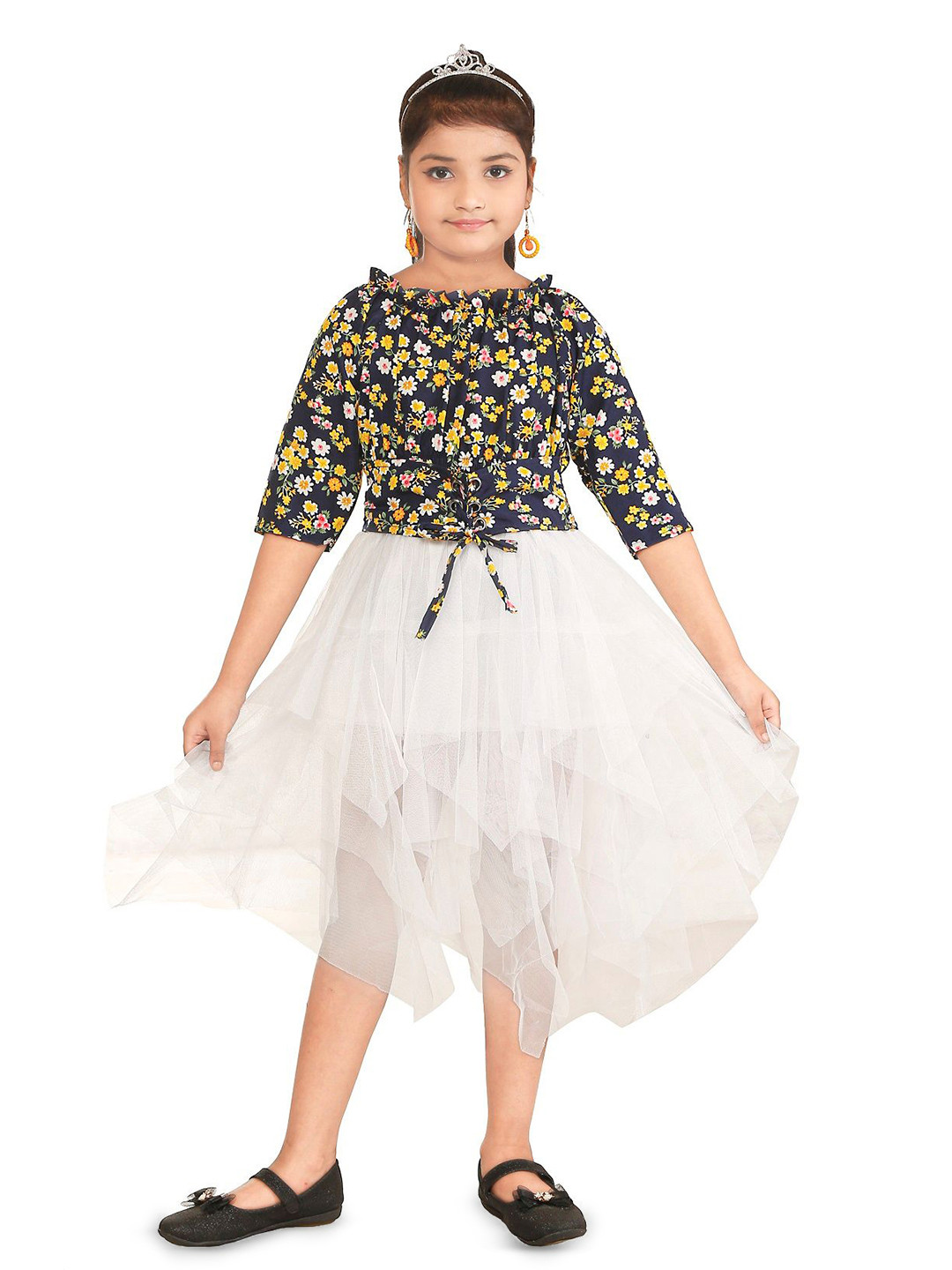Nickys Disegno Girls Floral Printed Smocked Tulle Fit & Flare Midi Dress