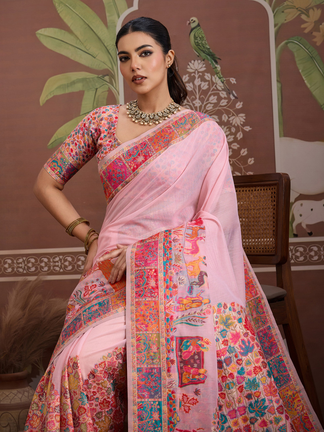 Saree mall Ethnic Motifs Embroidered Thread Work Banarasi Saree With Blouse Piece