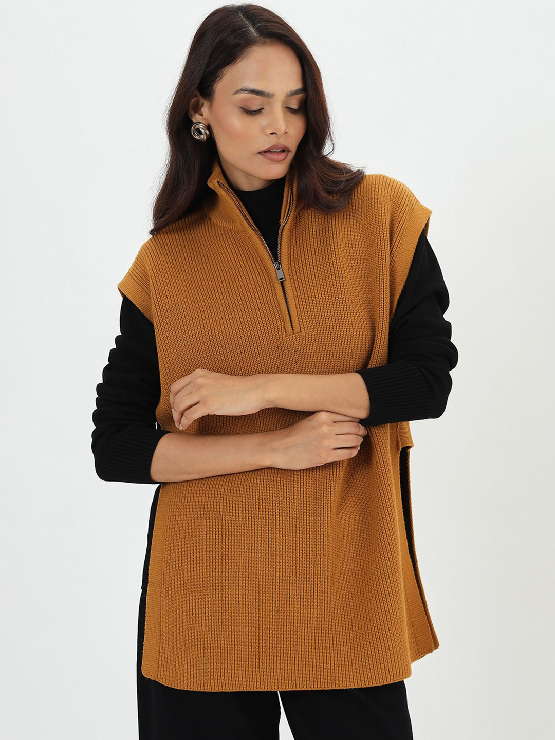 FEMMELLA Women Longline alf Zipper Sweater Vest