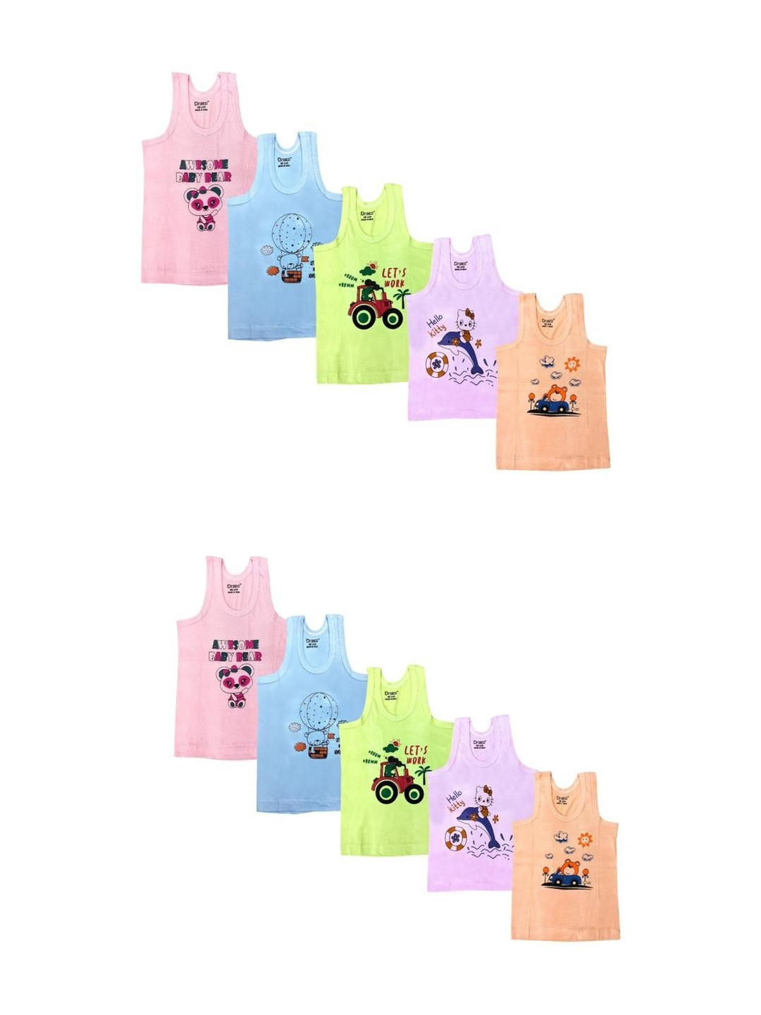 DRAKO Boys Pack Of 10 Printed Cotton Basic Vests
