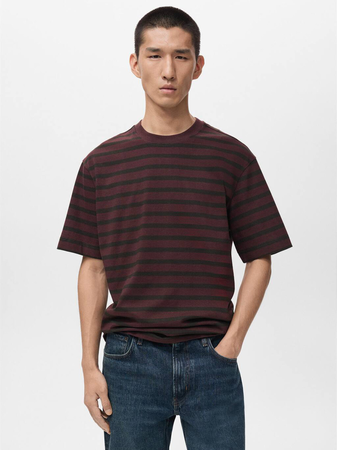 MANGO MAN Men Striped Drop-Shoulder Sleeves Pure Cotton T-shirt