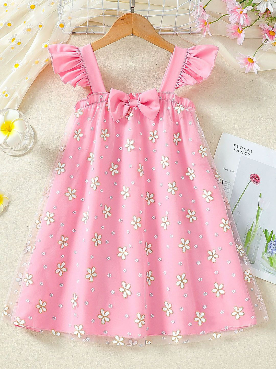 Xsole Girls Polka Dot Short Sleeves A-Line Midi Dress With Bow Detail