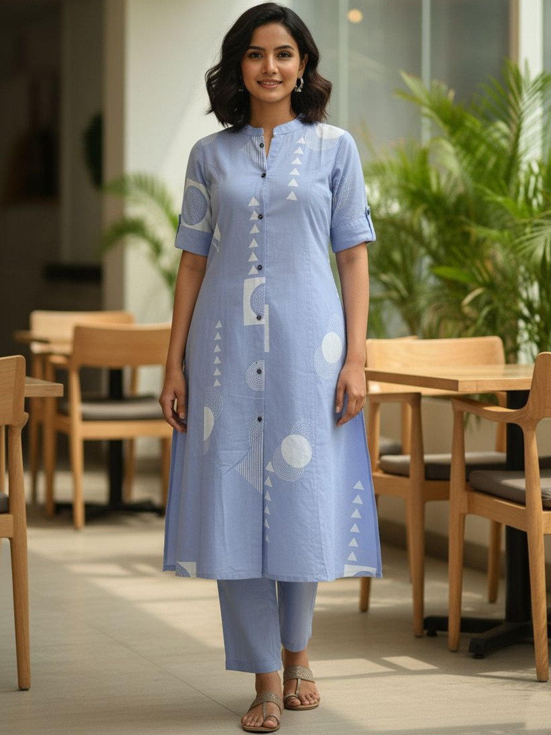 Gopi Prem Women Geometric Printed Cotton A-Line Kurta with Trousers