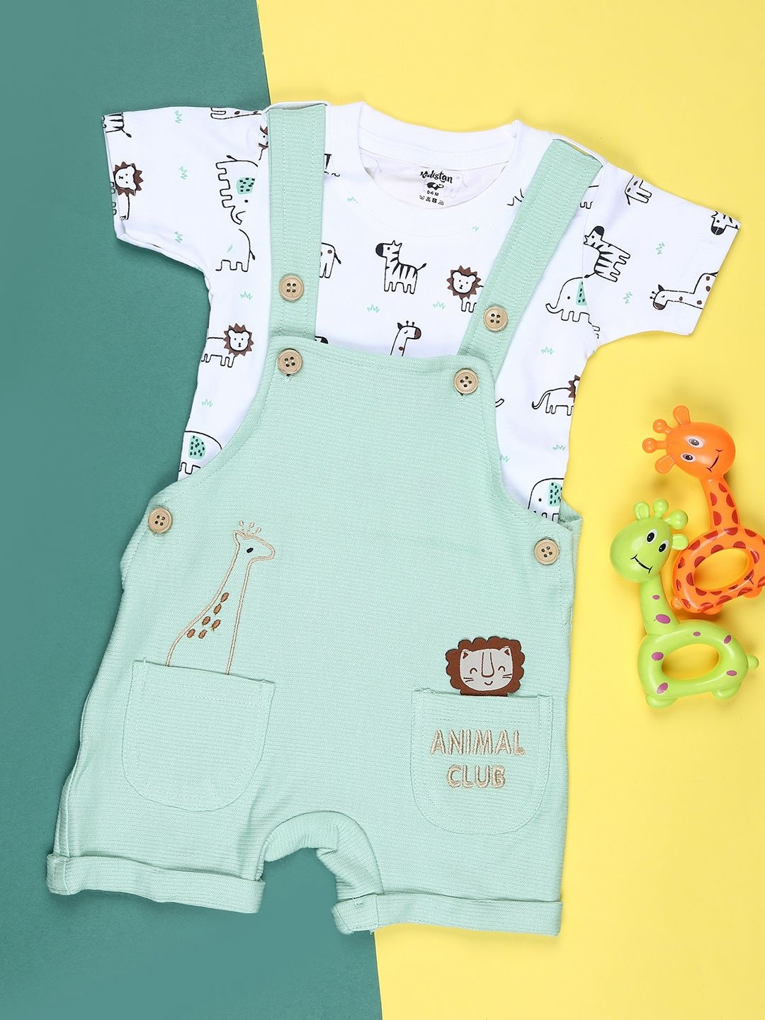 V-Mart Infant Boys Embroidered Straight Leg Round Neck Cotton Dungaree With T-Shirt
