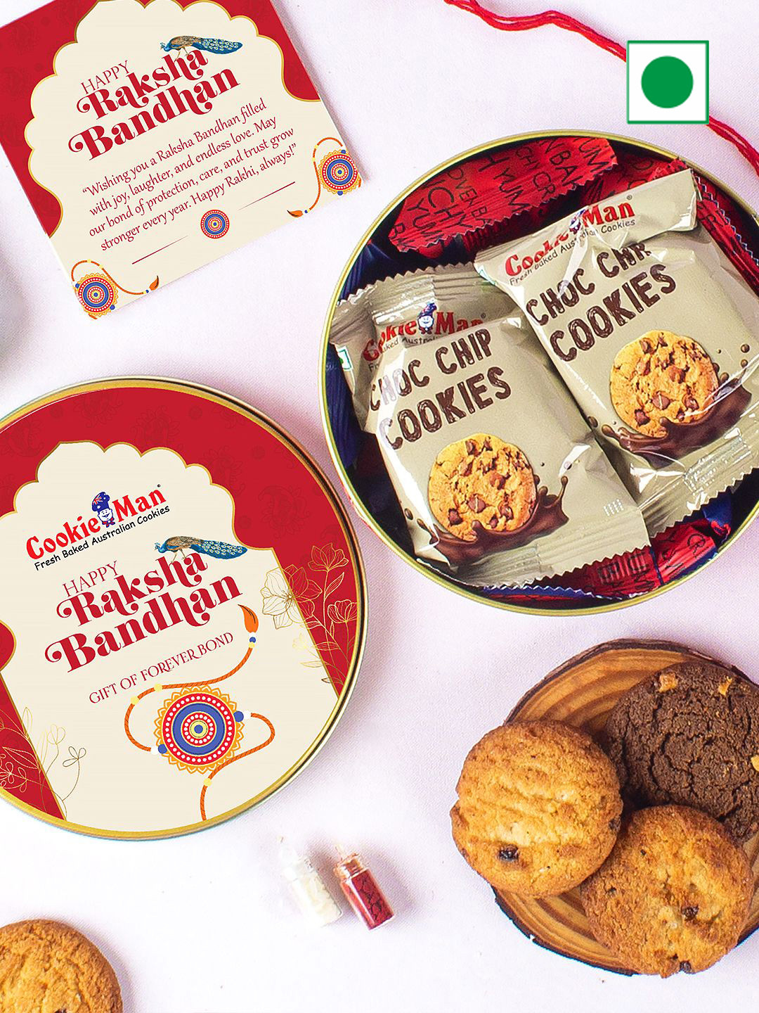 Cookieman Rakhi With Assorted Cookies Gift Tin