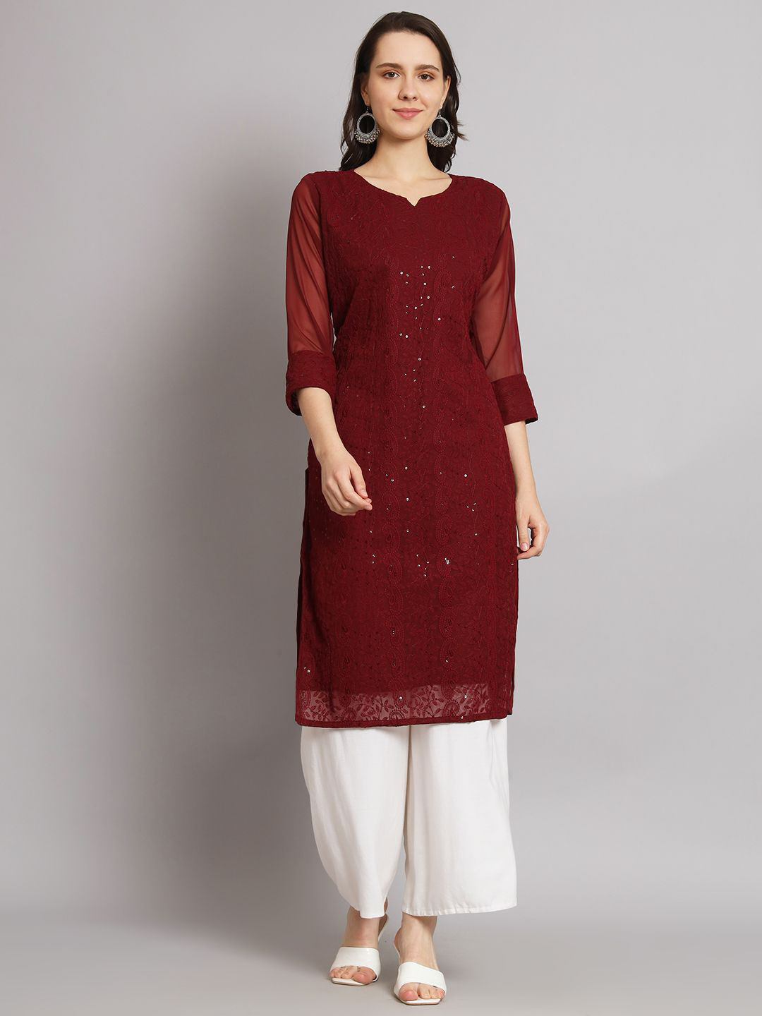 Felopie Women V-Neck Paisley Embroidered Chikankari Kurta