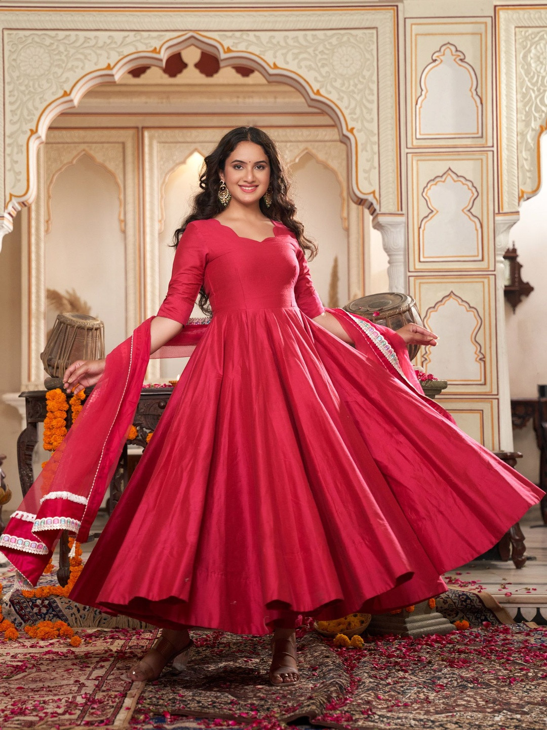 Indian Virasat Sweetheart Neck Chanderi Silk Anarkali Kurta With Trousers & Dupatta