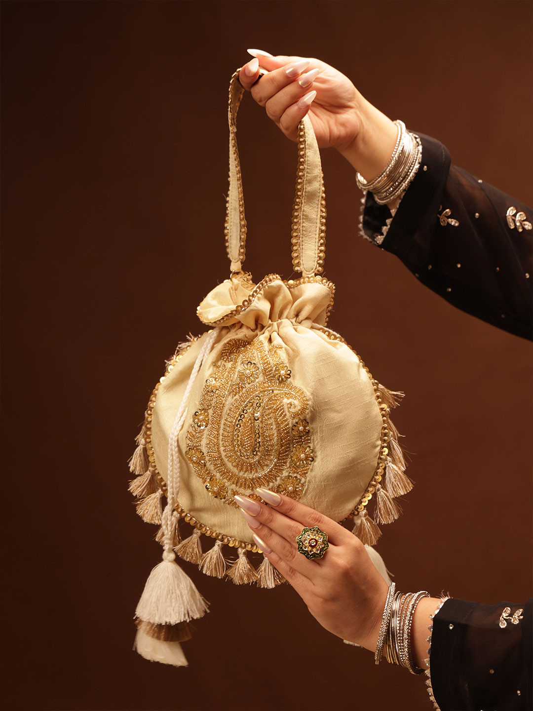 Suave Bags Women Ethnic Motifs Embellished Structured Handheld Handbags with Tasselled