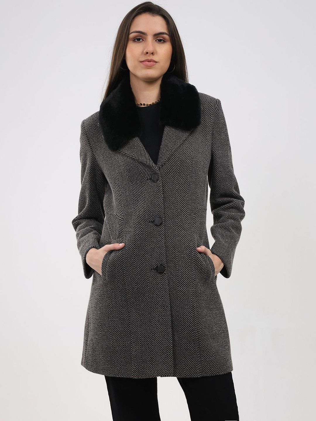 Monte Carlo Women Self-Design Notched Lapel Single-Breasted Overcoat