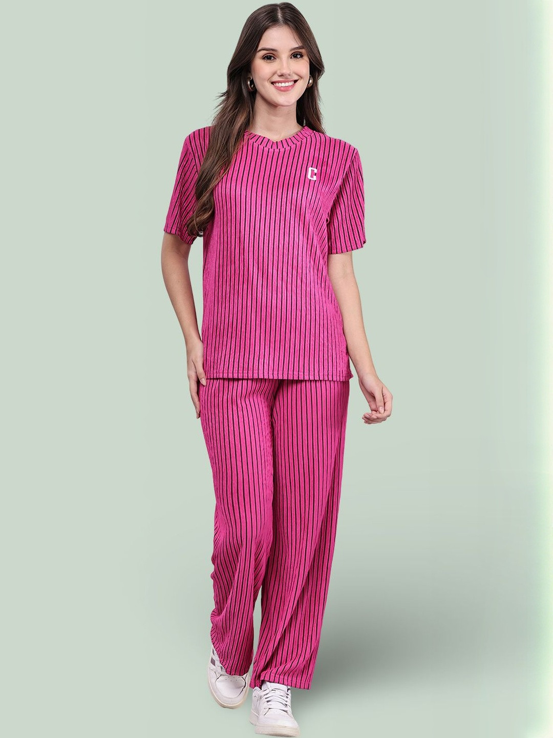 Jinfo Women Striped Half Sleeve Top & Wide-Leg Pants Night suit