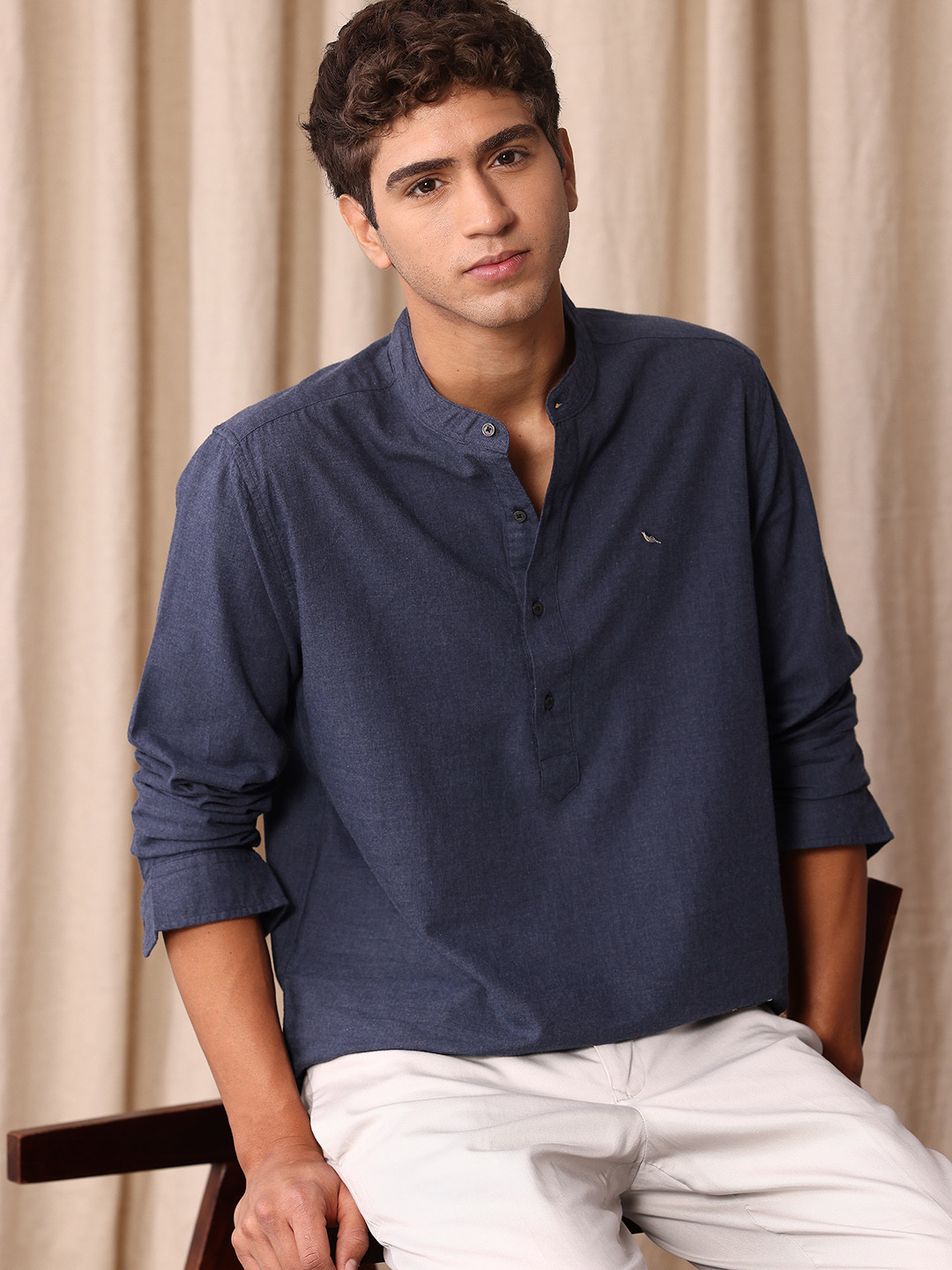 Mr Bowerbird Pure Cotton Band Collar Liberal Fit Casual Shirt