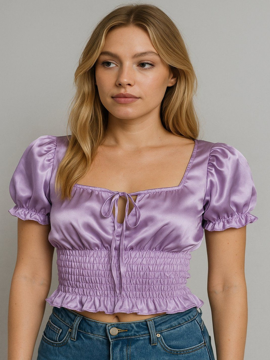 LA CHIC PICK Women Puff Sleeve Smocked Satin Crop Top