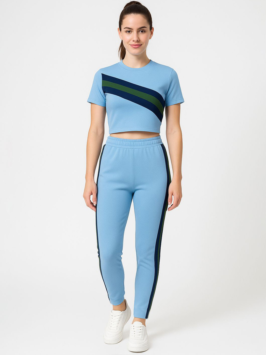 CHROME & CORAL Striped Round Neck Top With Treggings