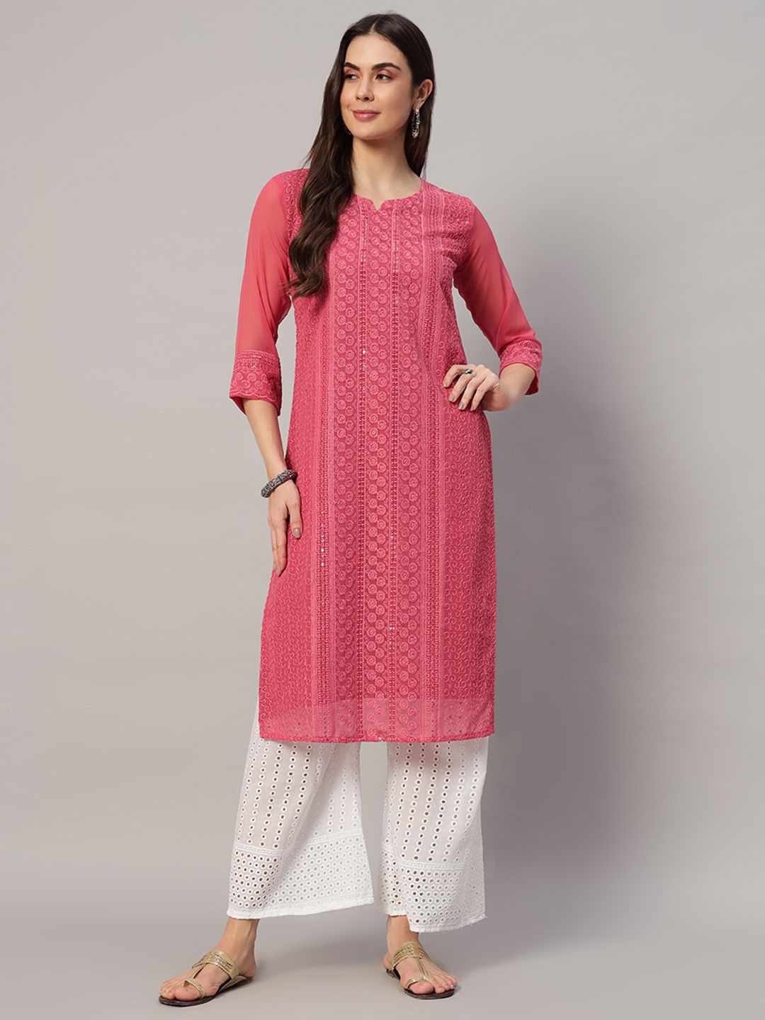 Felopie Women Paisley Embroidered Chikankari Georgette Kurta