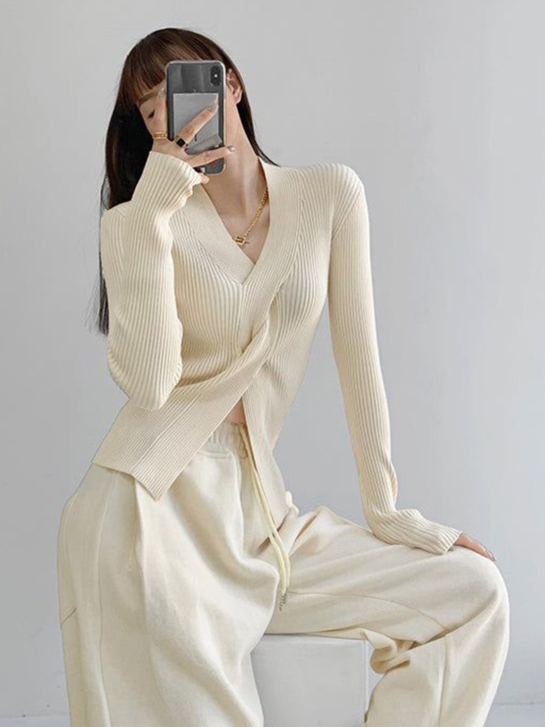 Outzidr Women Ribbed Full Sleeve V Neck Wrap Pullover Top