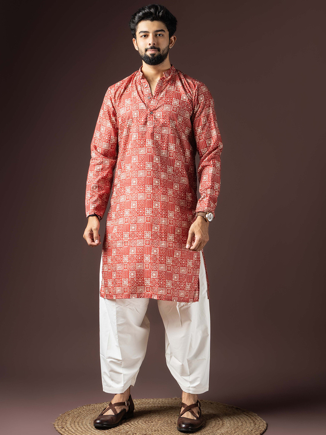 Rawayi Men Printed Mandarin Collar Thread Work Kurta