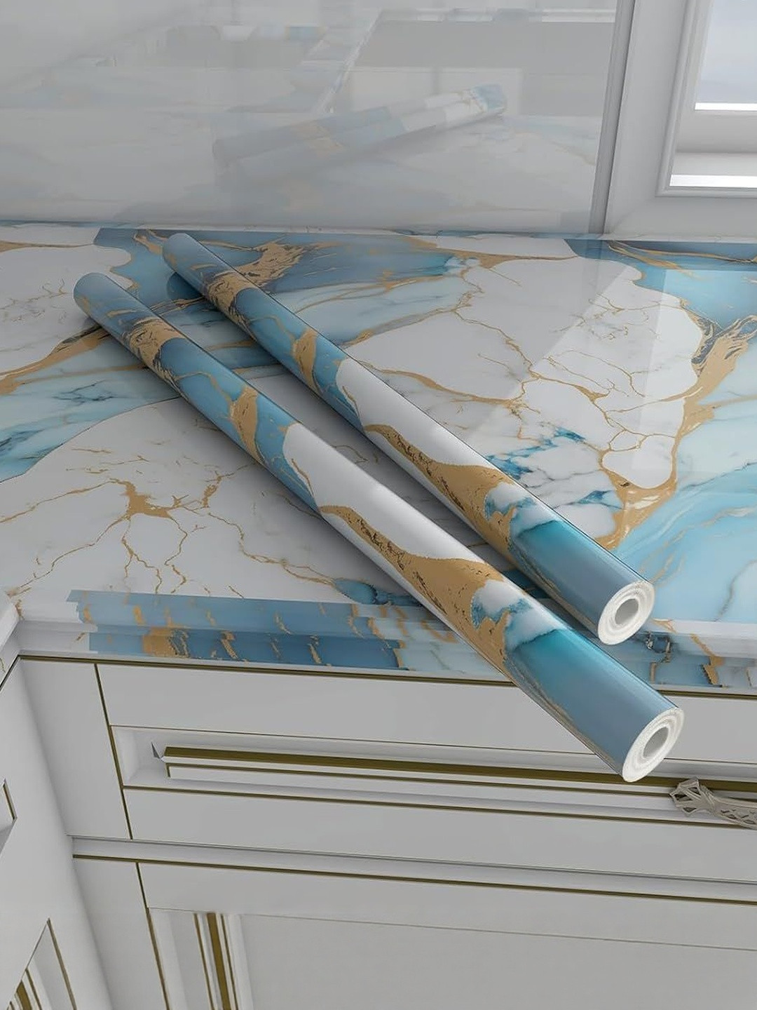 SARVARI White & Blue Marble Printed Self Adhesive Wallpaper and Sticker