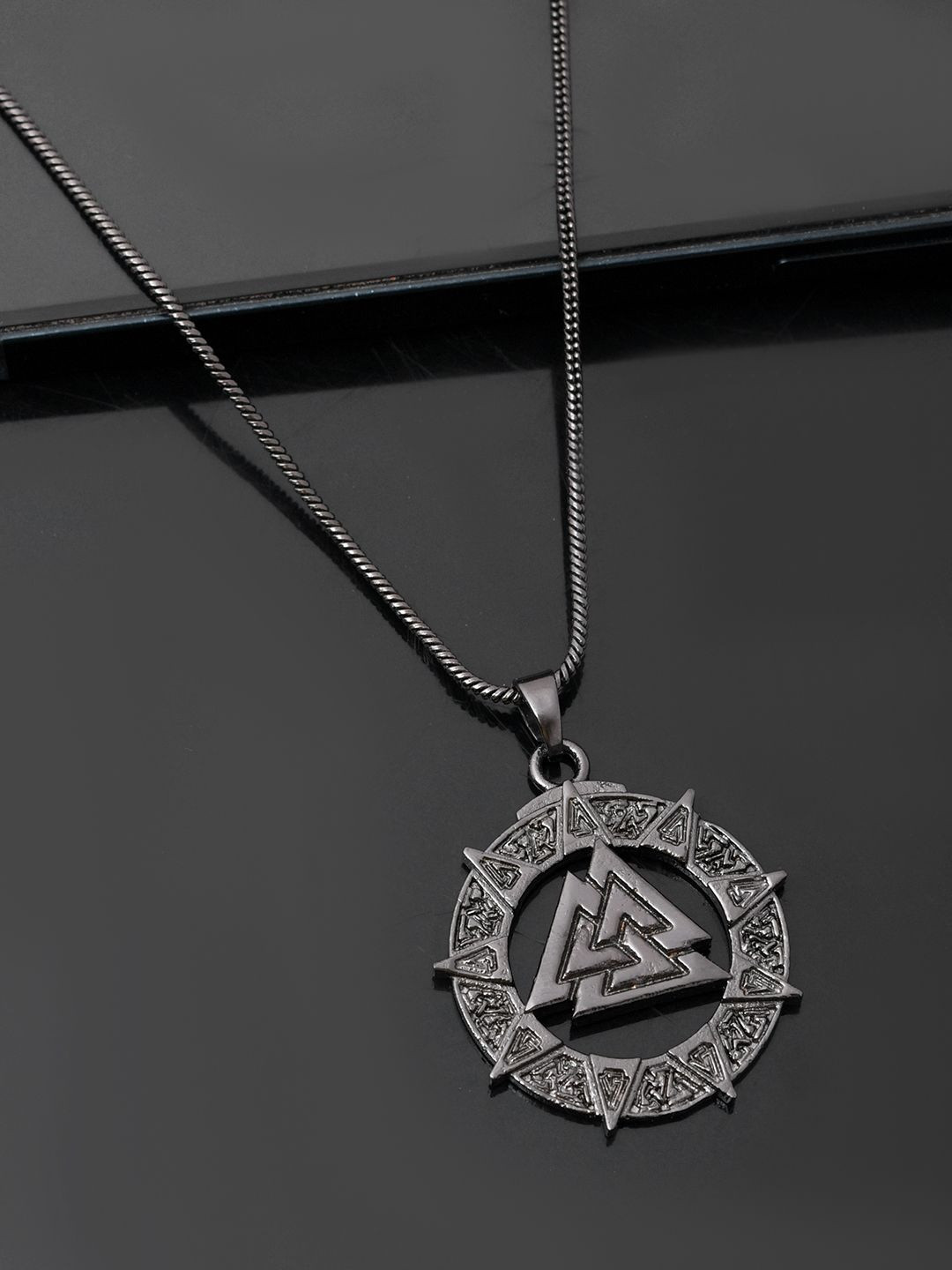 Voylla Men Rhodium-Plated Eclipse Valknut Star Symbol Pendant With Chain