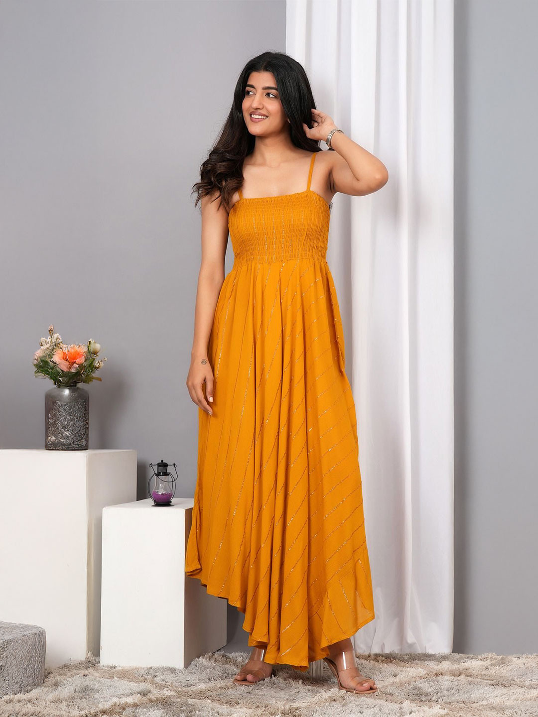 VYMO Women Embellished Smocked Shoulder Straps Fit and Flare Maxi Dress