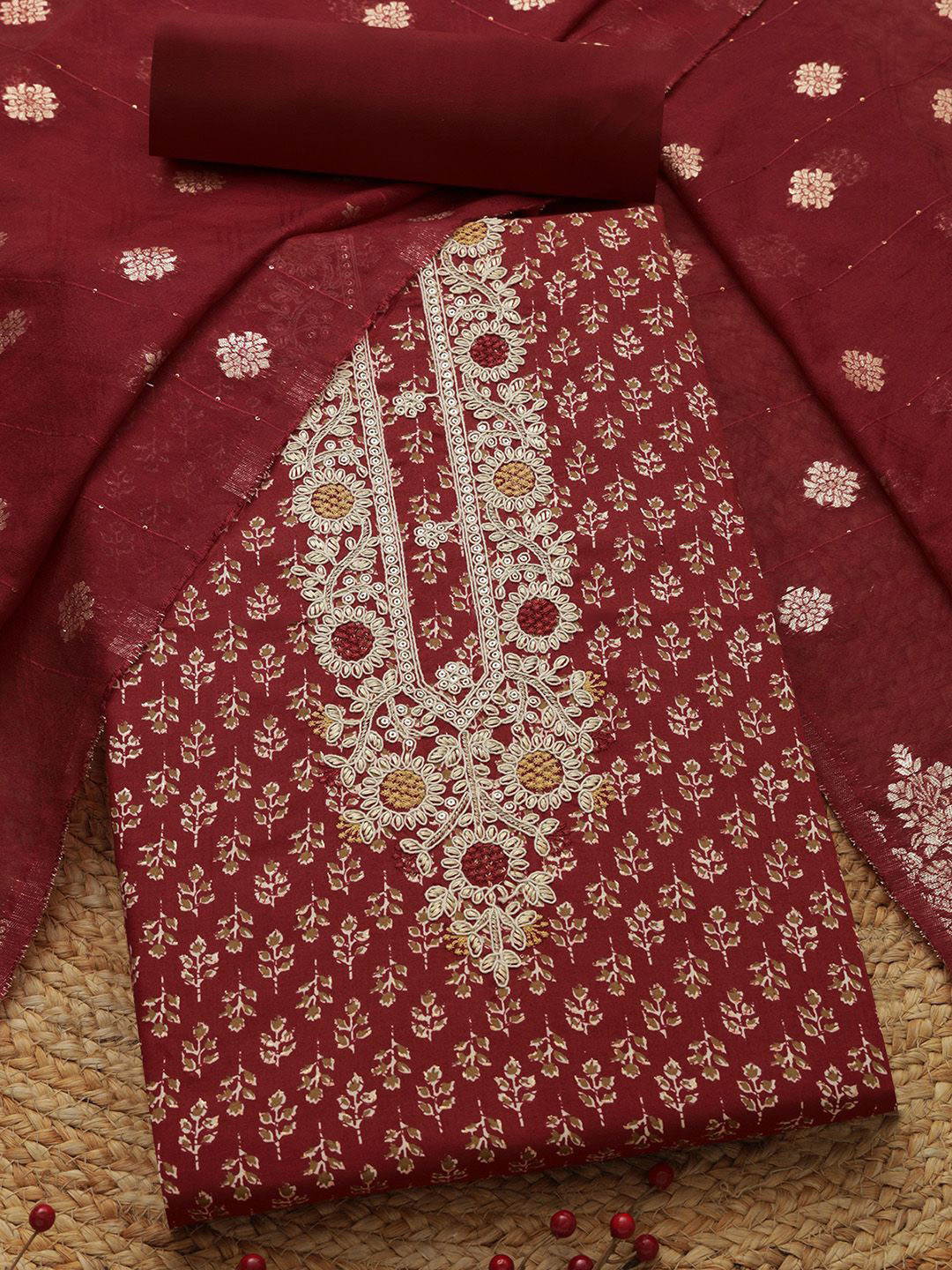 Soch Floral Printed Thread Work Jam Cotton Unstitched Dress Material