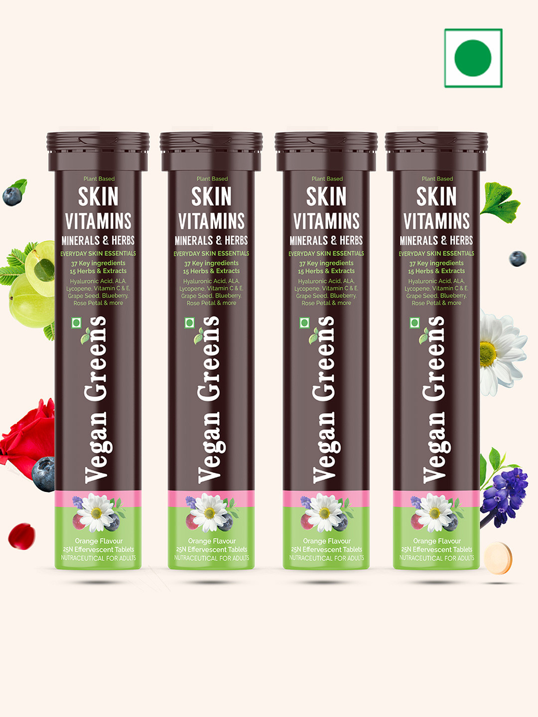 Vegan Greens Set Of 4 Skin Vitamins 37 Tablets- 25 Tablets Each- Orange