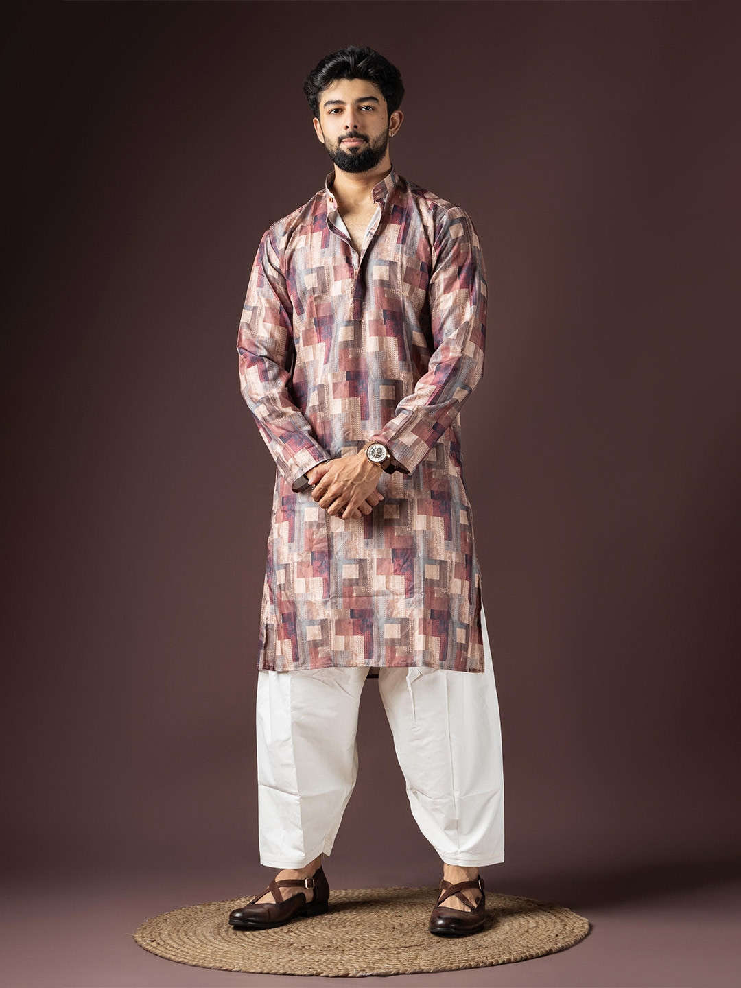 Rawayi Men Checked Festive Cotton Straight Kurta