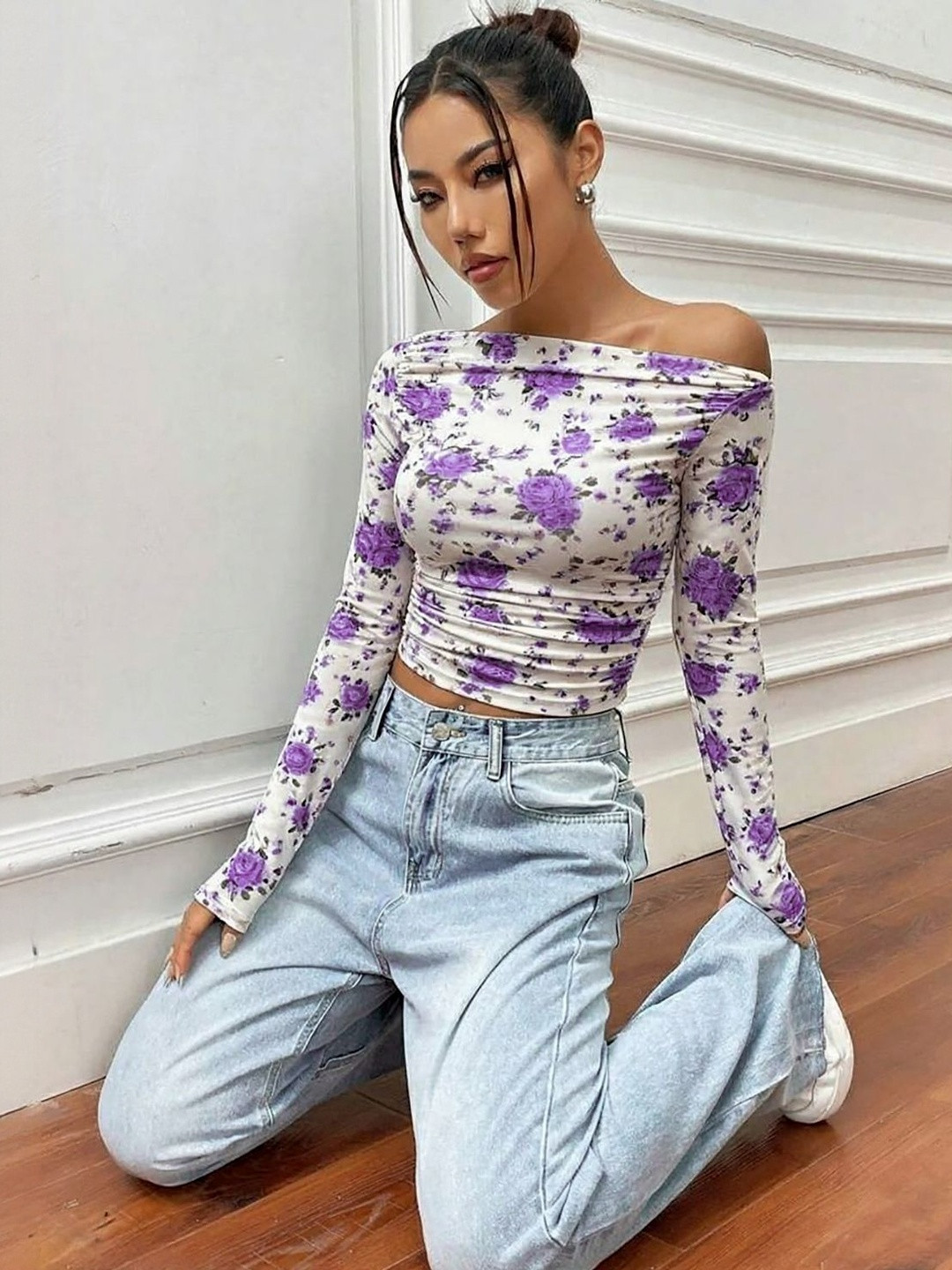Istyle Can Women Floral Print Off-Shoulder Net Crop Top