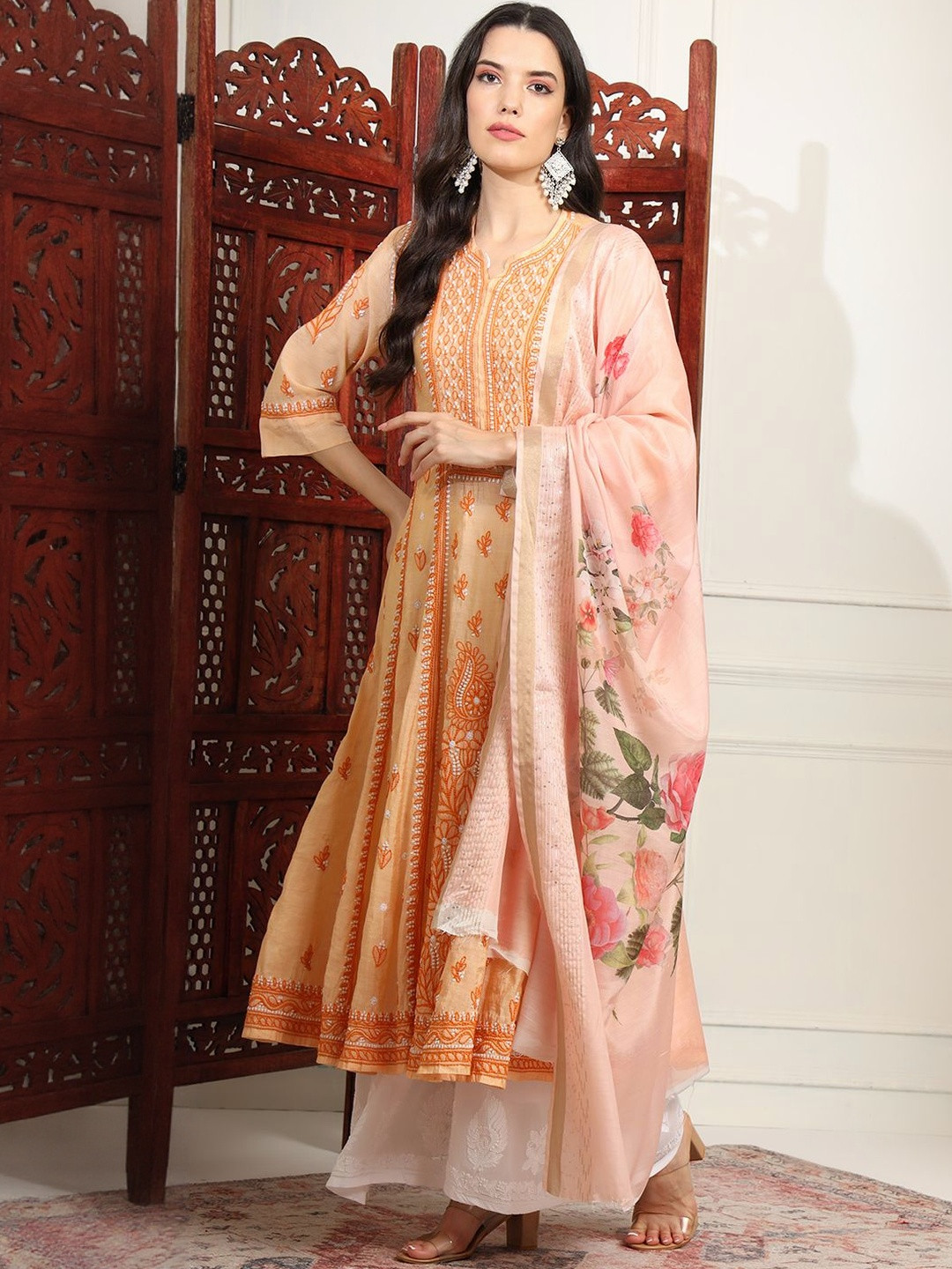 House of Pataudi Floral Embroidered Chanderi Silk Kalidar Kurta With Palazzo & Dupatta