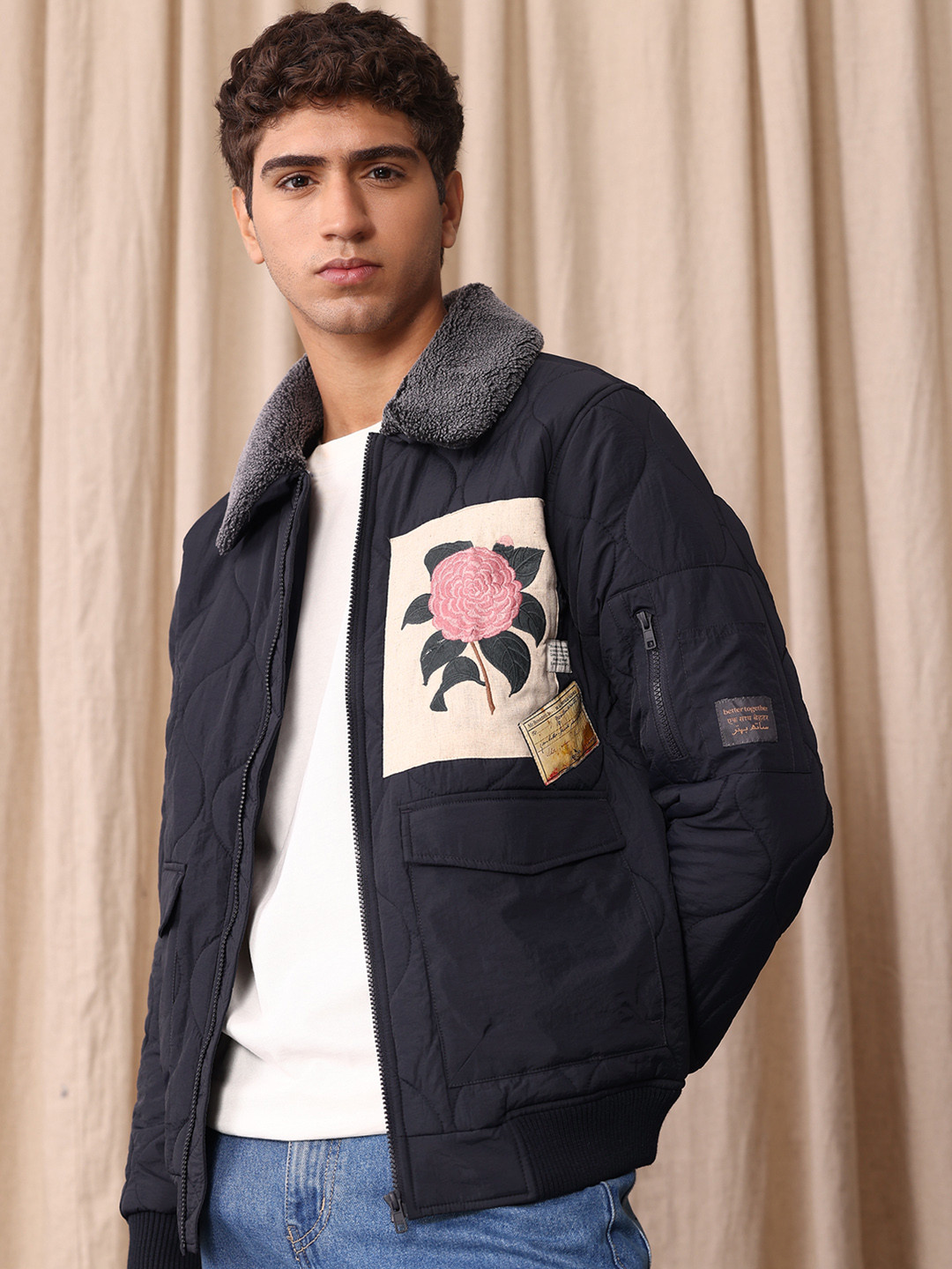 Mr Bowerbird Floral Embroidered Detail Padded Jacket With Detachable Fleece Trim