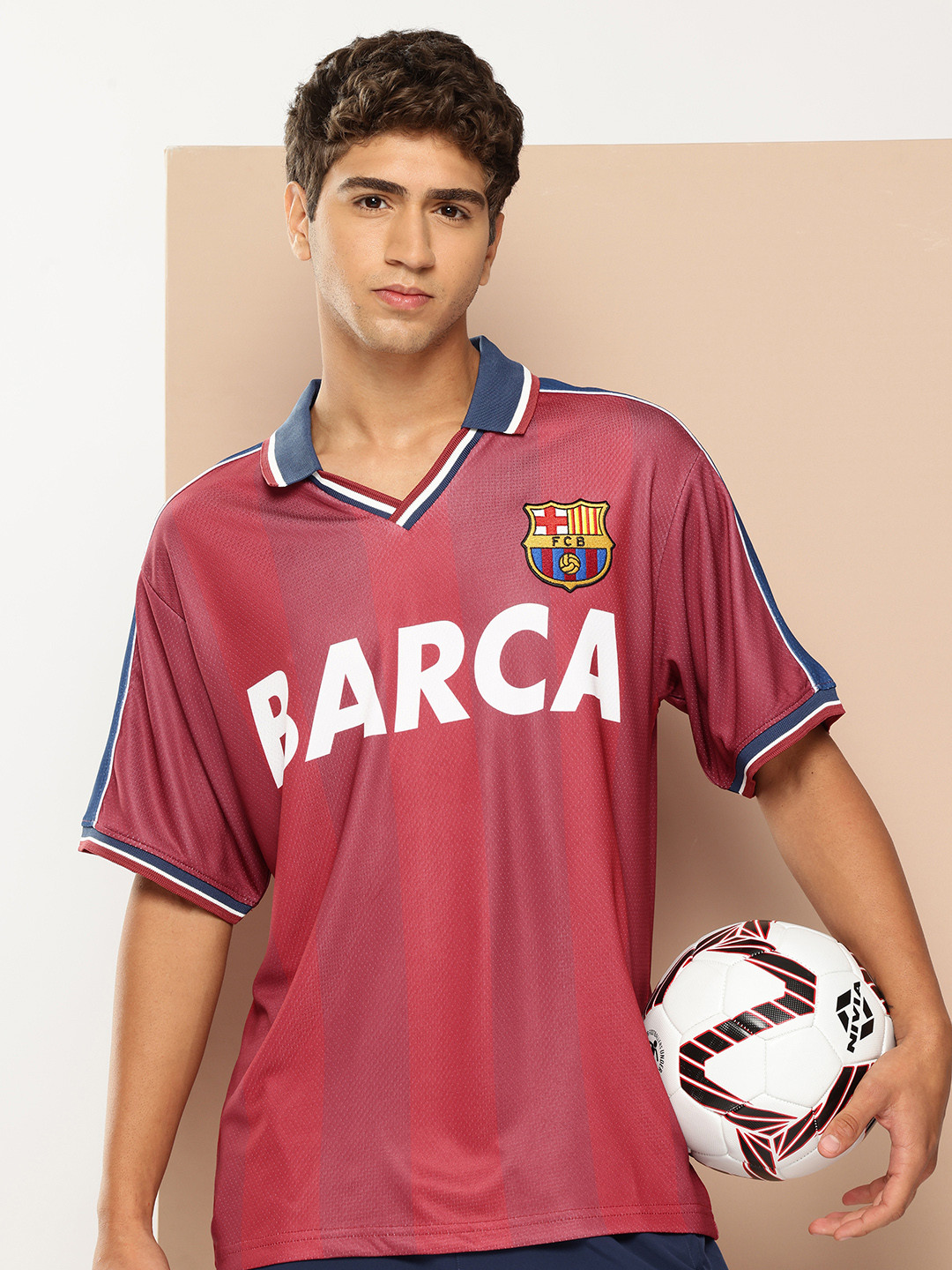FC Barcelona Printed Polo Collar Drop-Shoulder Applique Vintage Football Oversized T-shirt