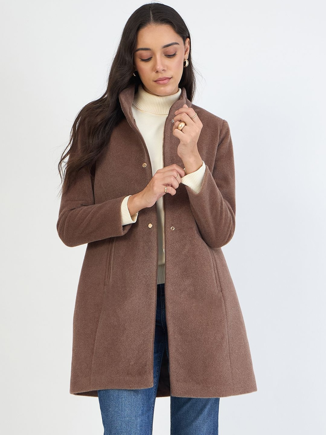 FEMMELLA Women Stand Collar Single-Breasted Zip-Up Long Overcoat