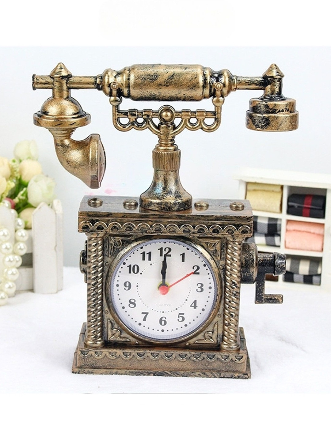 Flenzy Bronze-Toned & White Telephone Shaped Vintage Alarm Clock