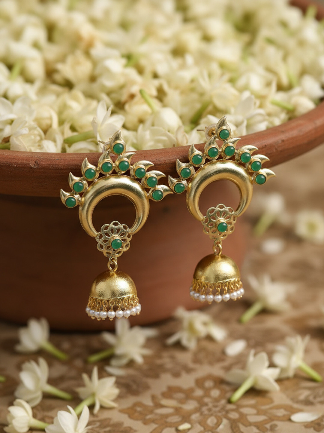 FIROZA Artificial Stones Studded & Beaded Dome Shaped Jhumkas