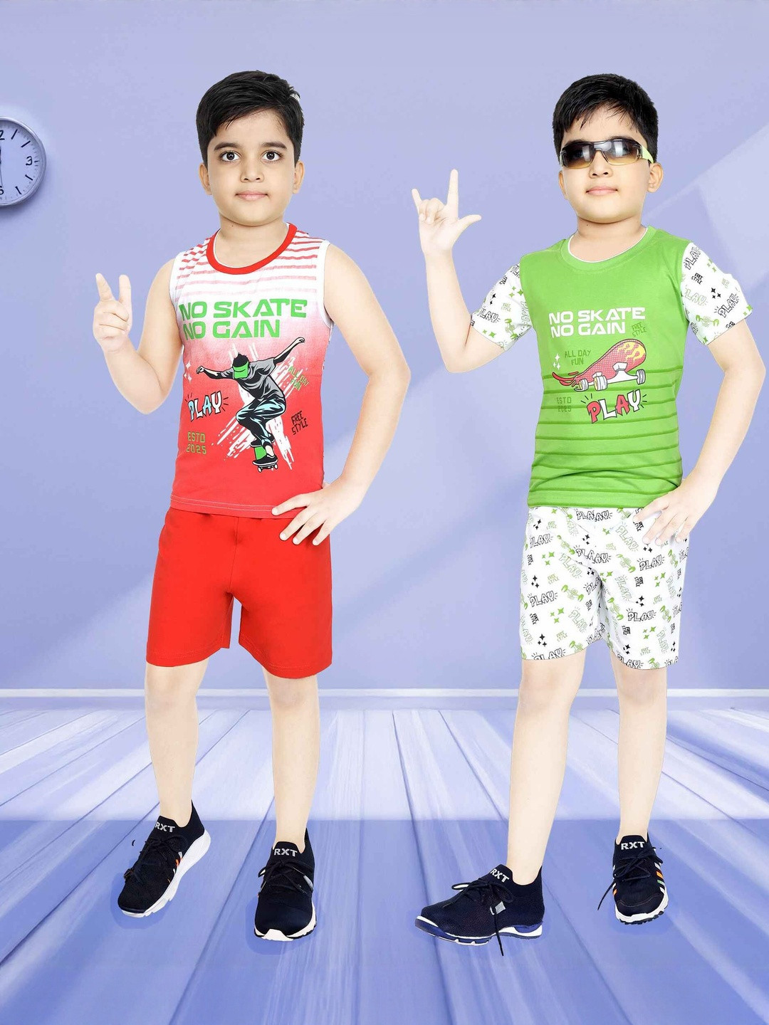Ayu Elite Fashion Green & Red Pack Of 2 Printed T-Shirt & Shorts Co-ord Set