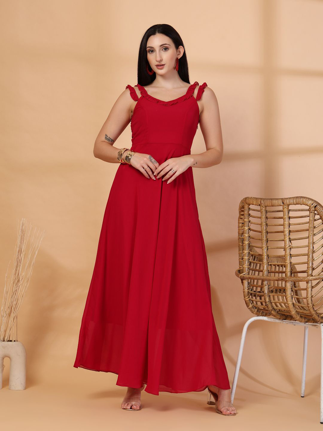 R.Code by The Roadster Life Co. Women Ruffled Sleeveless Fit and Flare Maxi Dress