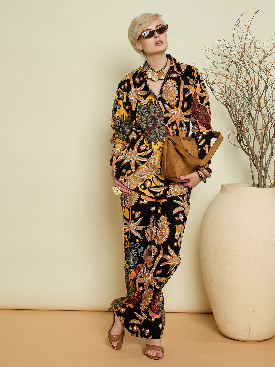 Pink Paprika by SASSAFRAS Boho Printed Pure Cotton Shirt With Trousers