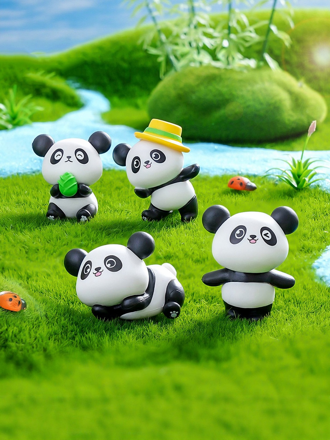 Flenzy White & Black 4 Pieces  Cute Panda Figurine Showpieces