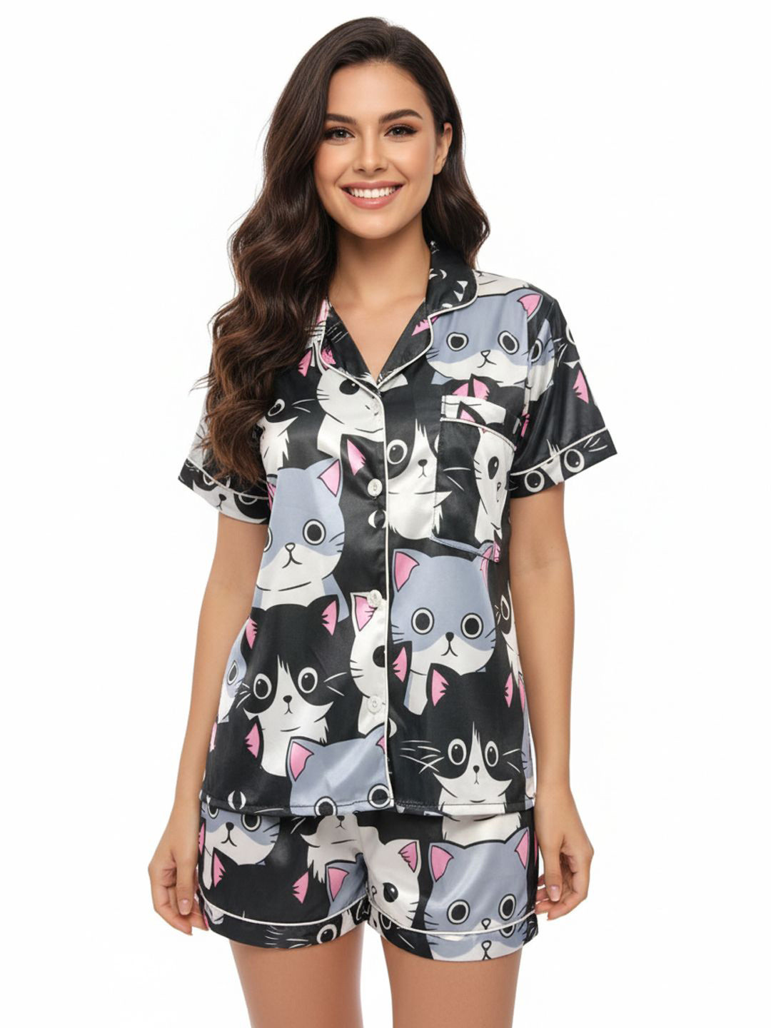 RioDeBella Women Graphic Printed Lapel Collar T-shirt Nightdress