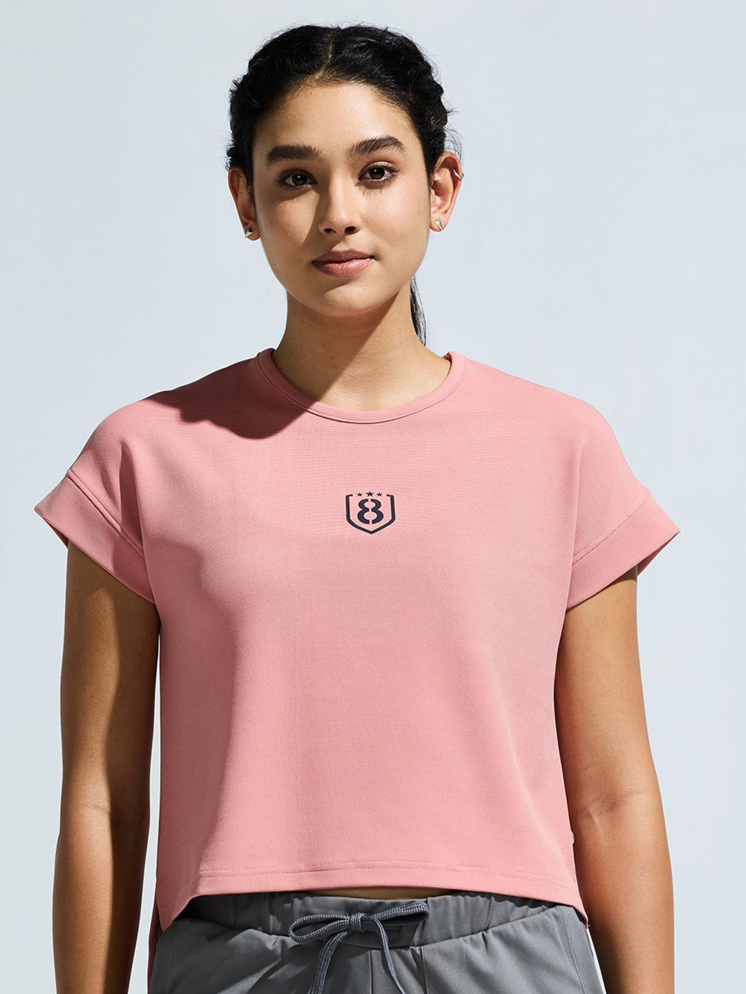 Domin8 Women Peach Crop Round Neck Top