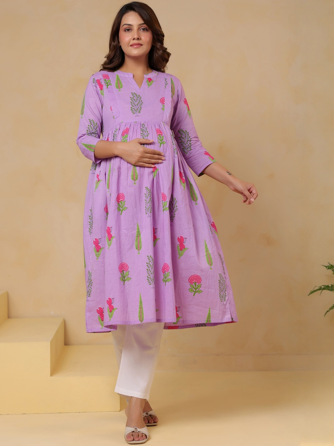CRAFIQA Women Floral Printed Maternity Mughal Boota Cotton A-Line Kurta