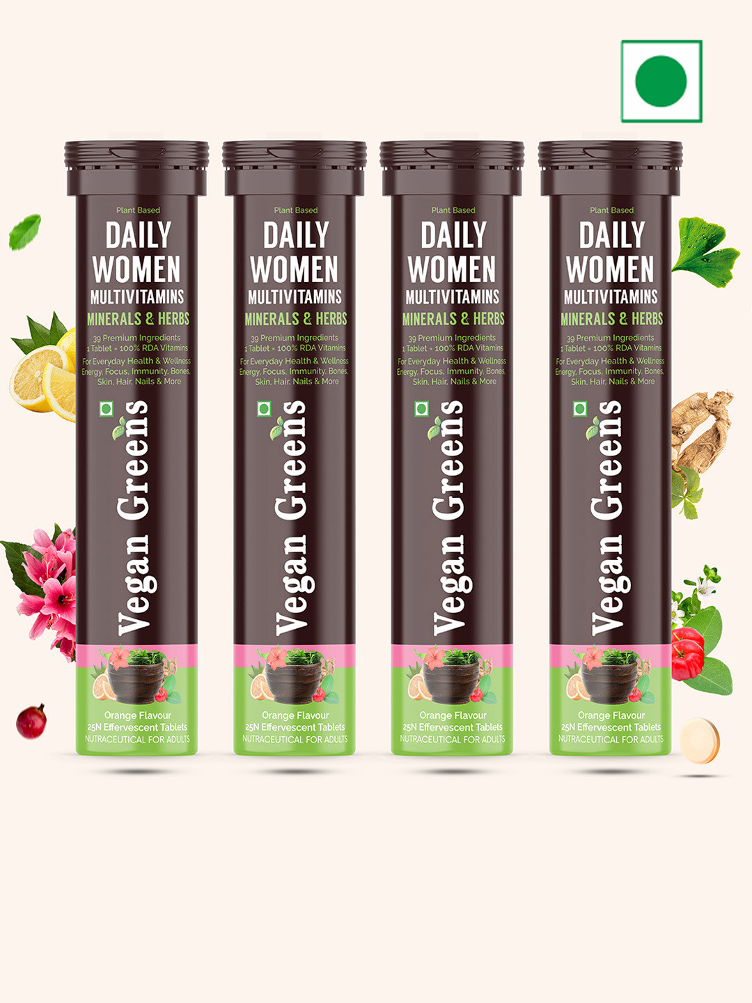 Vegan Greens Set Of 4 Daily Women Multivitamins- 25 Tablets Each- Orange